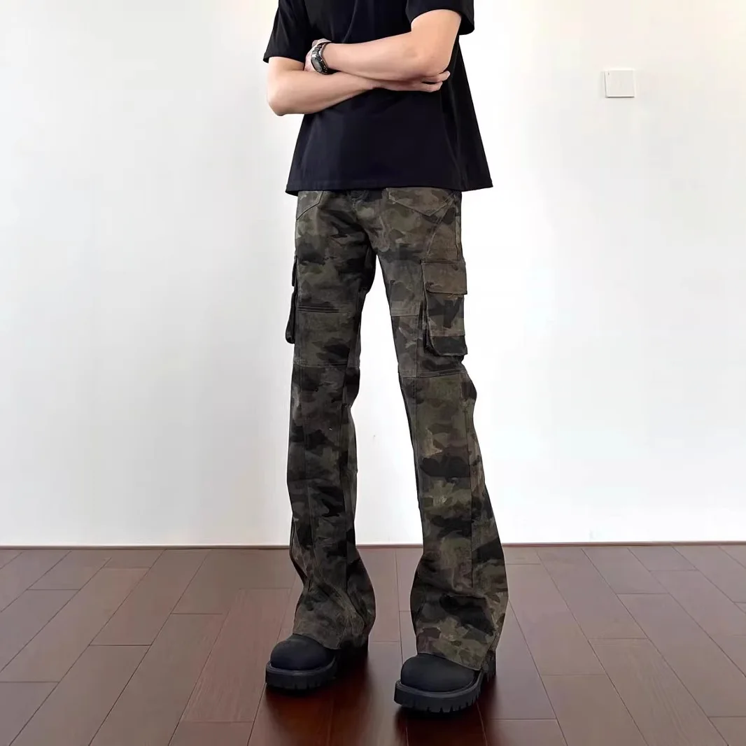 กางเกงยีนส์ย้อนยุคอเมริกันสำหรับผู้ชายและผู้หญิงฤดูร้อนกางเกงทำงานอเมริกันกางเกงขาตรงยาวพิเศษกางเกงบานเล็กน้อย