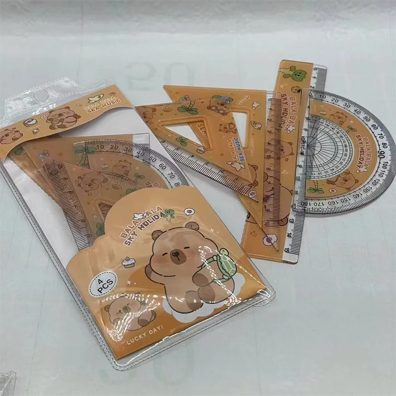 New 4 in 1 Cute Capybara Cartoon Ruler Stationery Set Multifunctional Combination Ruler Ruler Triangle Protractor Drawing gift