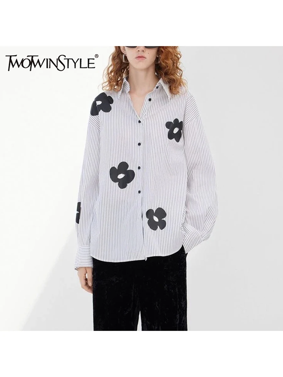 

TWOTWINSTYLE Floral Printing Casual Shirts For Women Lapel Long Sleeve Spliced Button Loose Striped Blouses Female Fashion New