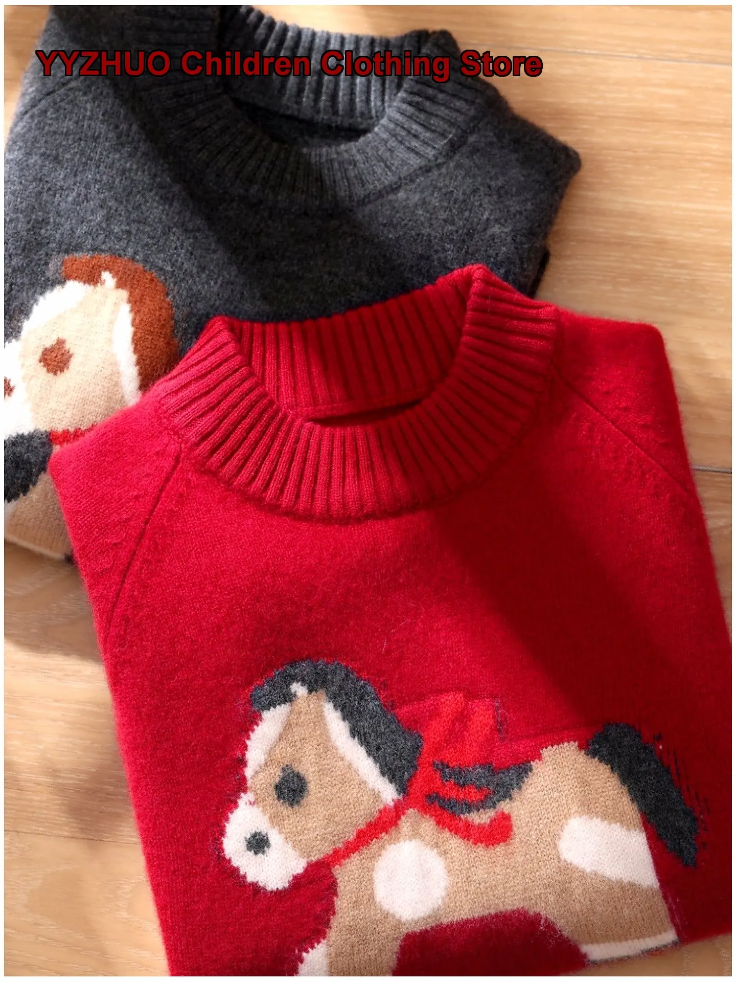 Suéter Infantil para Niños y Niñas, Estampado de Pony de Dibujos Animados, Tejido Grueso de Color Sólido para Otoño e Invierno