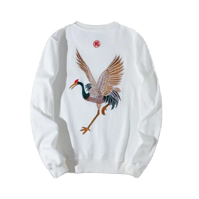 Sukajan Crane Embroidery Chinese Men\'s Trendy Sweatshirt Spring Autumn Round Neck Loose Couple Hoodies 2026 Z1
