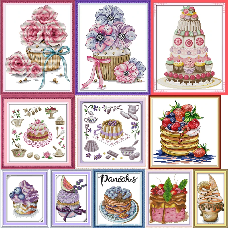 Flower Fruit Cake Dessert Printed Cross Stitch Kit 14CT Count 11CT Stamped Needle Thread Embroidery Set DIY Sewing Craft Gifts