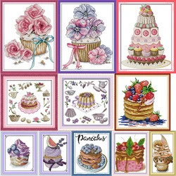 Flower Fruit Cake Dessert Printed Cross Stitch Kit 14CT Count 11CT Stamped Needle Thread Embroidery Set DIY Sewing Craft Gifts