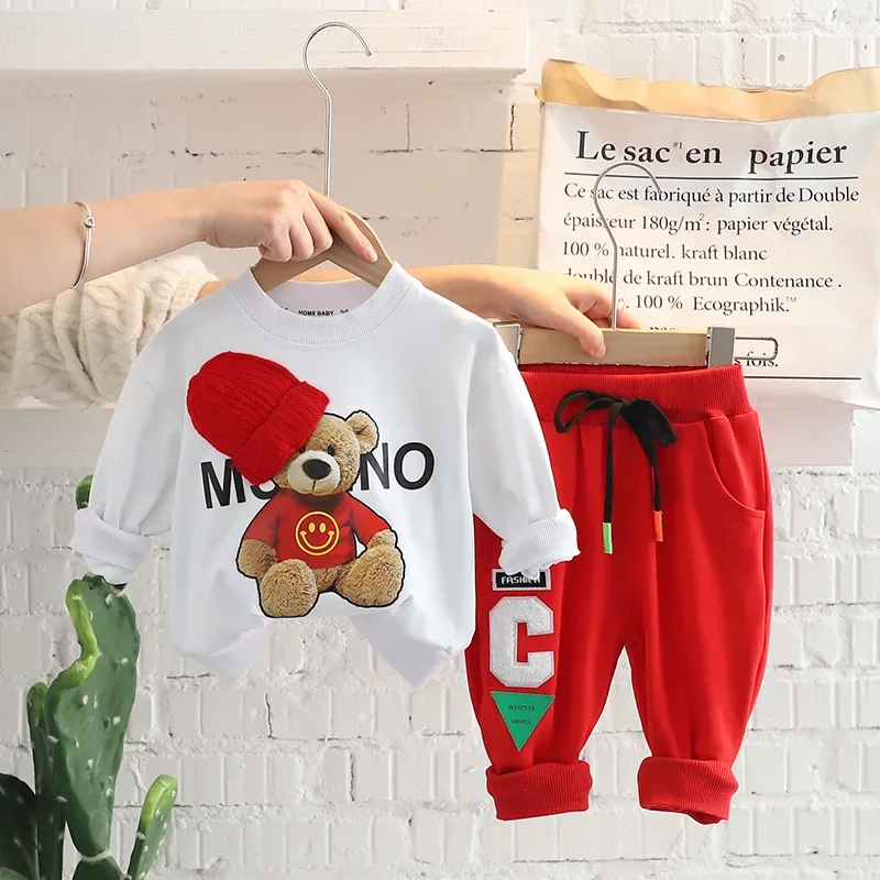 Vestiti del bambino 2024 nuovi bambini orsetto manica lunga Set ragazzi e ragazze lettera maglione pantaloni due pezzi Set semplice Sportswea