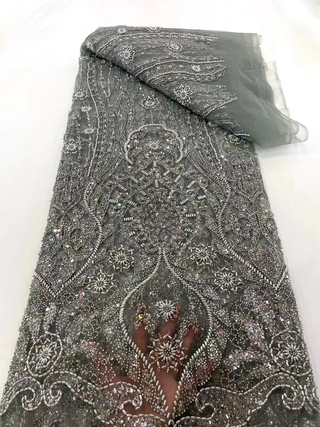 

High Quality African Nigerian Lace Fabric Embroidery Tulle SYJ-13064511 Wedding Party Dress Sequins For Sewing Beads