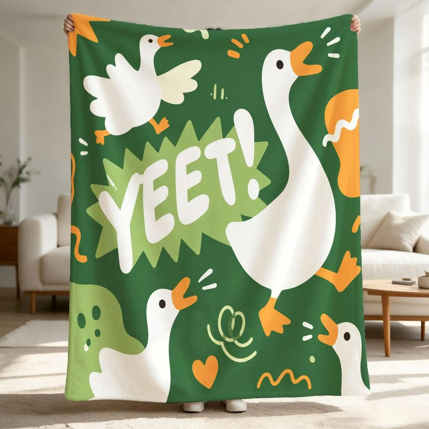 [Flannel Blanket] Cozy Goose Blanket! Fun Cartoon Goose Pattern Green Sofa Blanket, a Gift for Those Who Love Geese