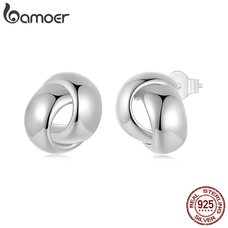 

BAMOER Authentic 925 Sterling Silver Glossy Woven Earrings, Gold Plated Love Stud Earrings for Women BSE1115