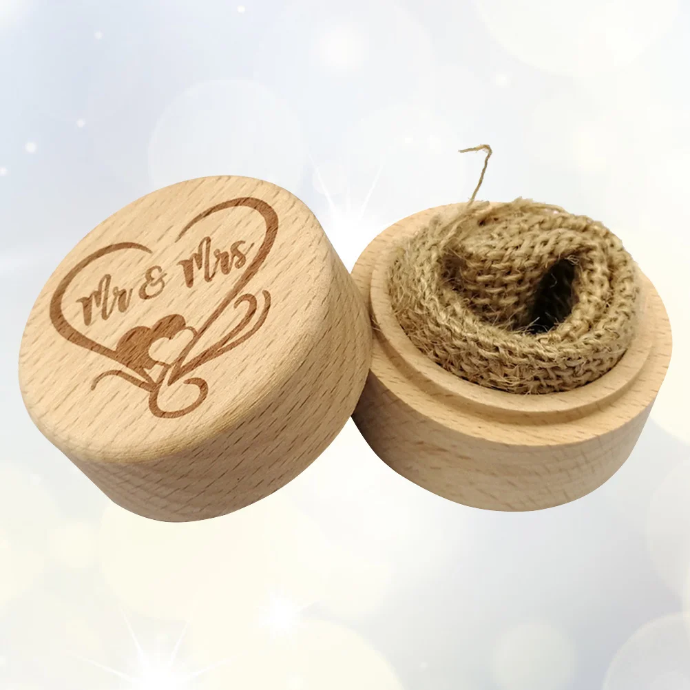 Wooden Vintage Rustic Round Design For Wedding Engagement Rings Holder Mr Mrs Letters Jewelry Storage Display Case Ring