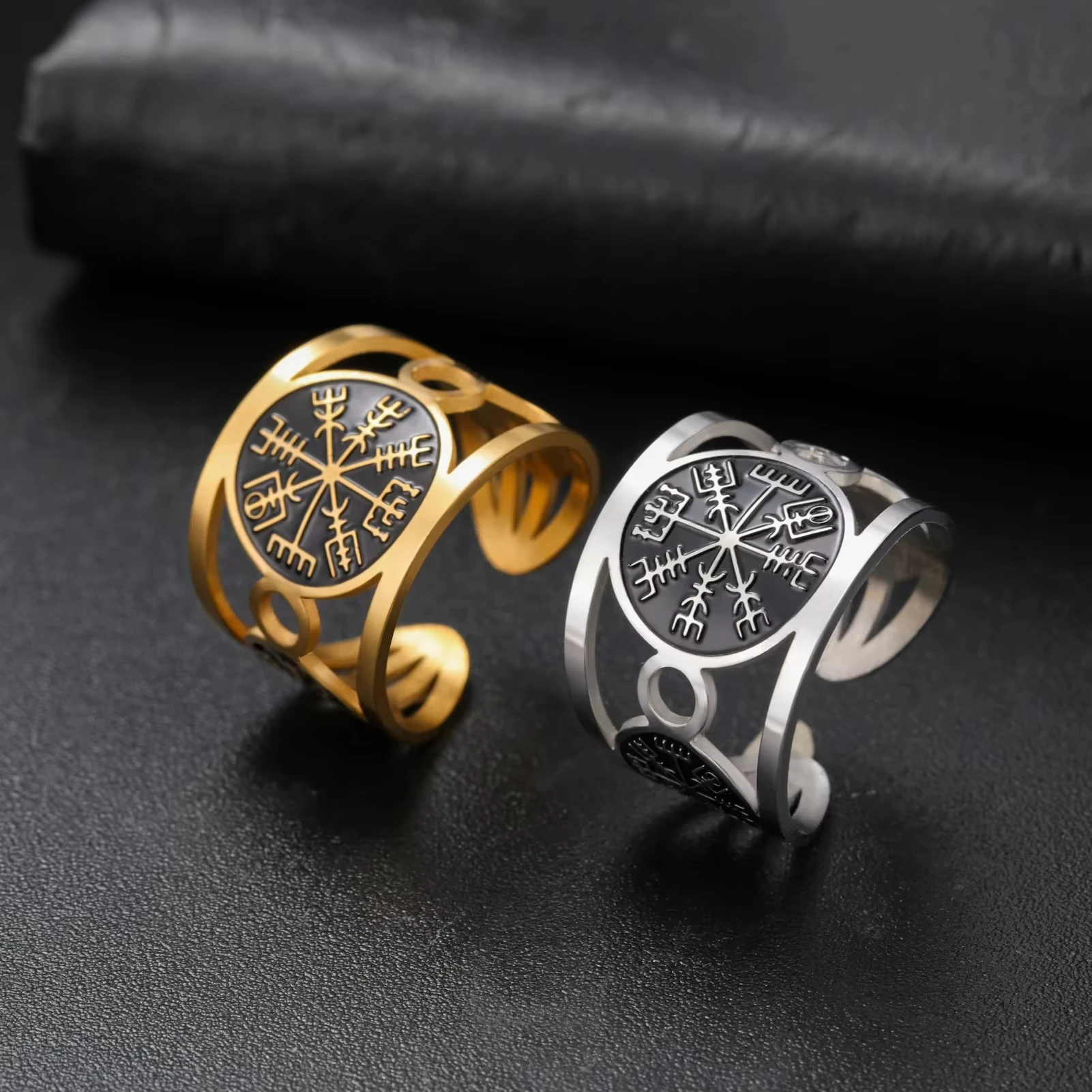 A stainless steel compass rune Viking Nordic opening adjustable ring for men and women