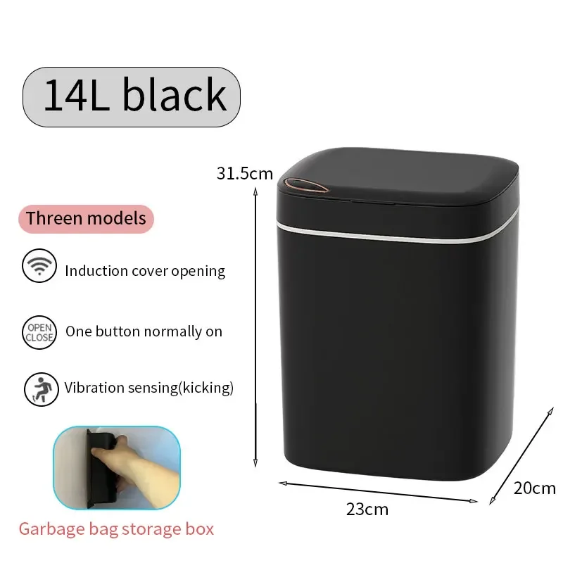 Smart Sensor Trash Can Waterproof Garbage Storage Box with Lid Three-sensor Mode Bathroom Kitchen Bedroom Wastebasket 14L/16L