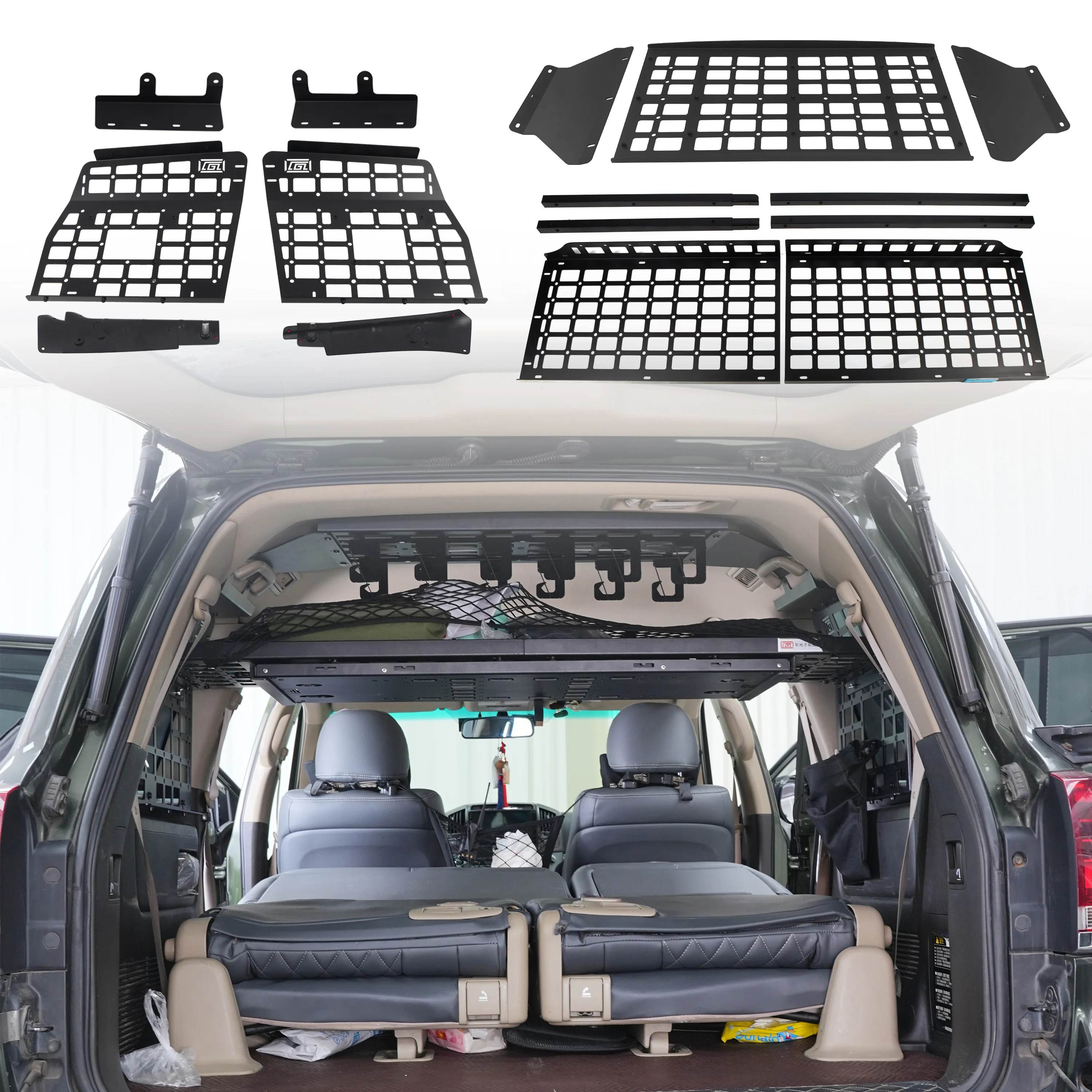 For Toyota Land Cruiser LC200 J200 2008‑2021 7/8 Seats, Rear Trunk Complete Storage Kit with Interior Roof Shelf & MOLLE Panel,
