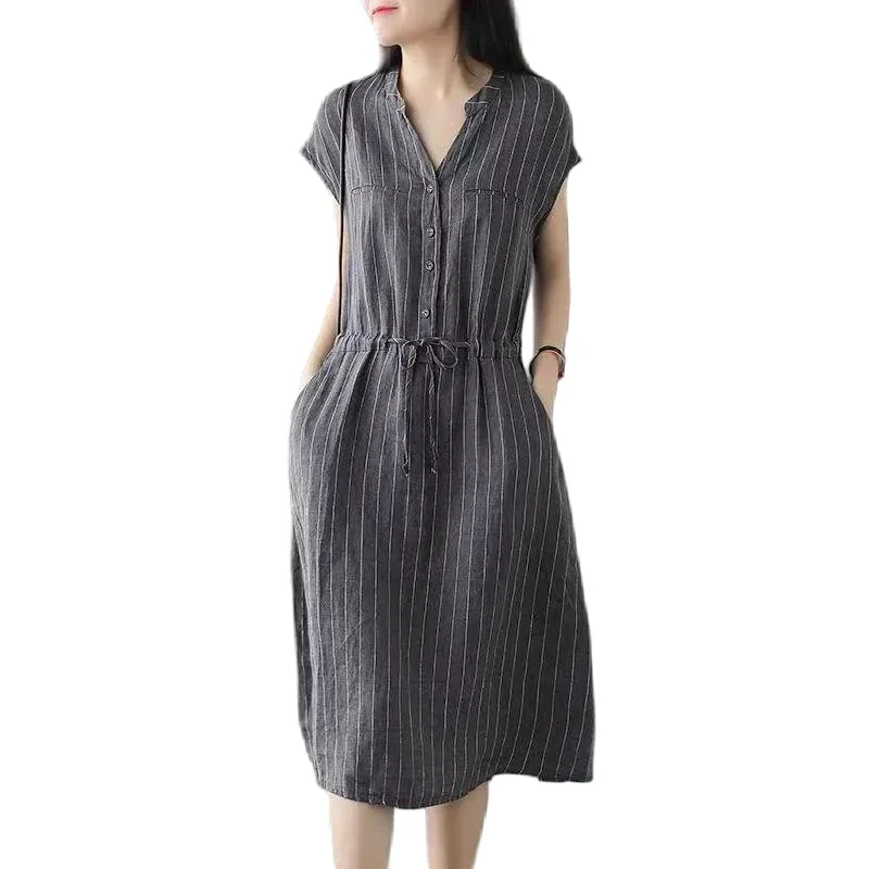 

Pop Women Cotton A-Line Shirt Dress Vintage Lace Up Pockets Vestido De Mujer Casual Stripe Female V Neck Midi Party Dress