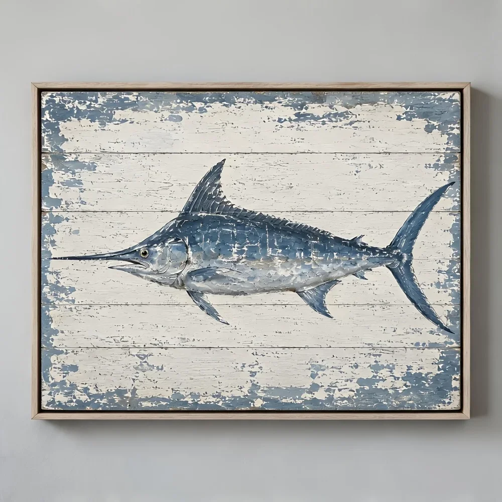 (No frame)2D Flat, Hand-Painted Nautical Blue Marlin Fish - Vintage Saltwater Suitable for Beach House, for Man Cave, Coastal