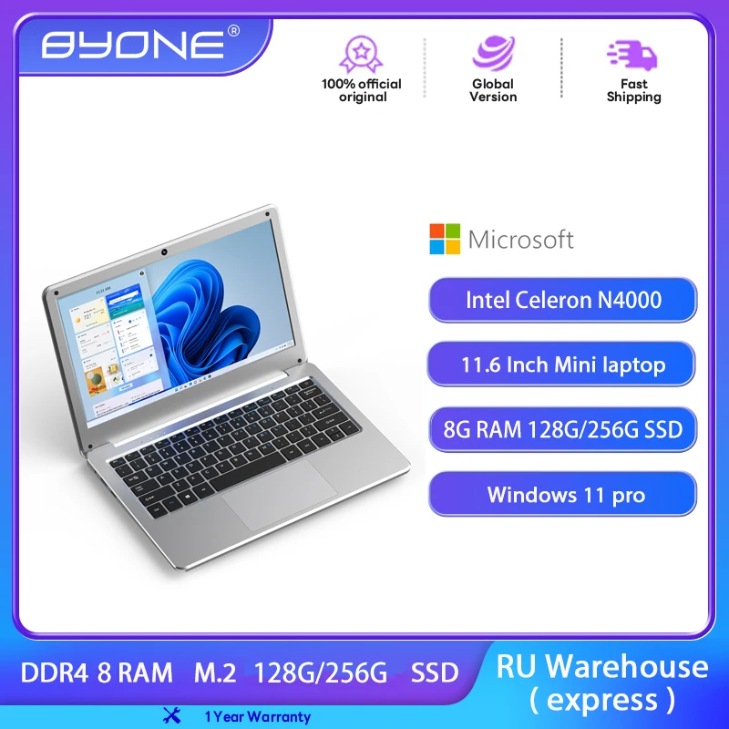 BYONE 11.6 인치 미니 노트북, 저렴한 노트북, 학생 사무실 소형 휴대용 넷북, 와이파이 블루투스, 인텔 N4000, 8GB RAM, 256GB SSD