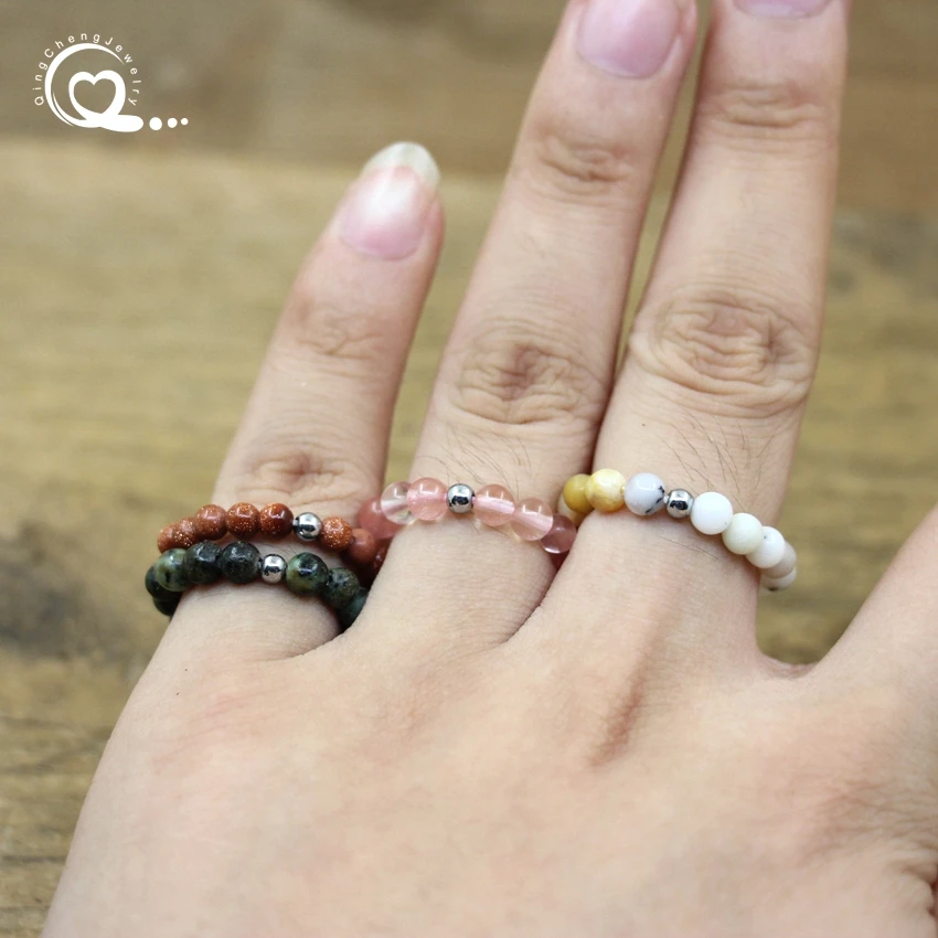 53 Kinds Natural Stone Crystal Beads Stretchy Rings 4mm Round Quartz Obsidian Opal Stackable Ring Fashion Women Jewelry,QC4220