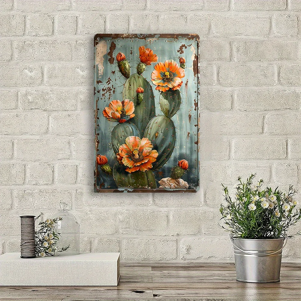 Vintage Cactus และ Wild Prairie Rose ป้ายโลหะดีบุก Rustic Wall Art สําหรับตกแต่งในร่มและกลางแจ้งน้ําทนต่อสภาพอากาศ