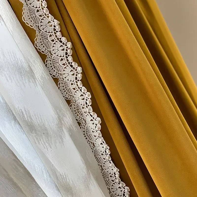 French Ginger Velvet Luxury Blackout Curtains For Living Room Bedroom Vintage Thick Fabric Flannel Fashion Lace Tulle Custom