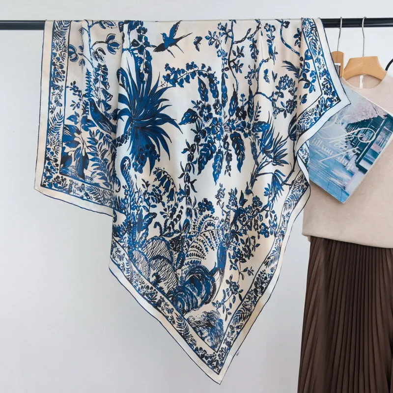 

High-end Elegant Women Exquisite Tropical Jungle Print Quality Plain Satin Silk Hand-rolled Edge Large Square Scarf Shawl