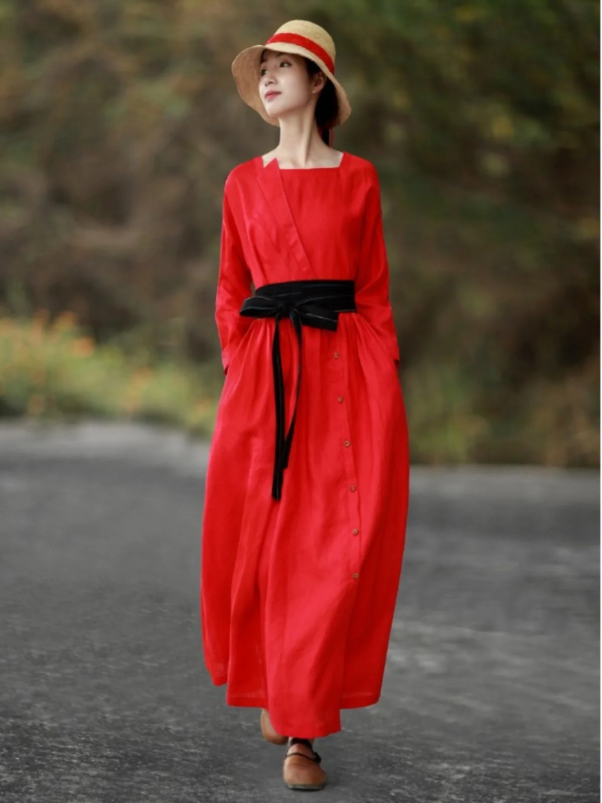 

High-End Vintage Cotton Linen Dr Women's Autumn Sense of Elegance Waist-Cinching Slimming Long Skirt A-Line Dr
