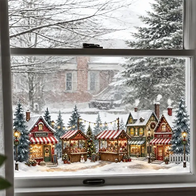 Static Christmas Village Window Stickers Watercolor Style 2D Flat Decals for Coffee Shop Xmas Window Display Decor