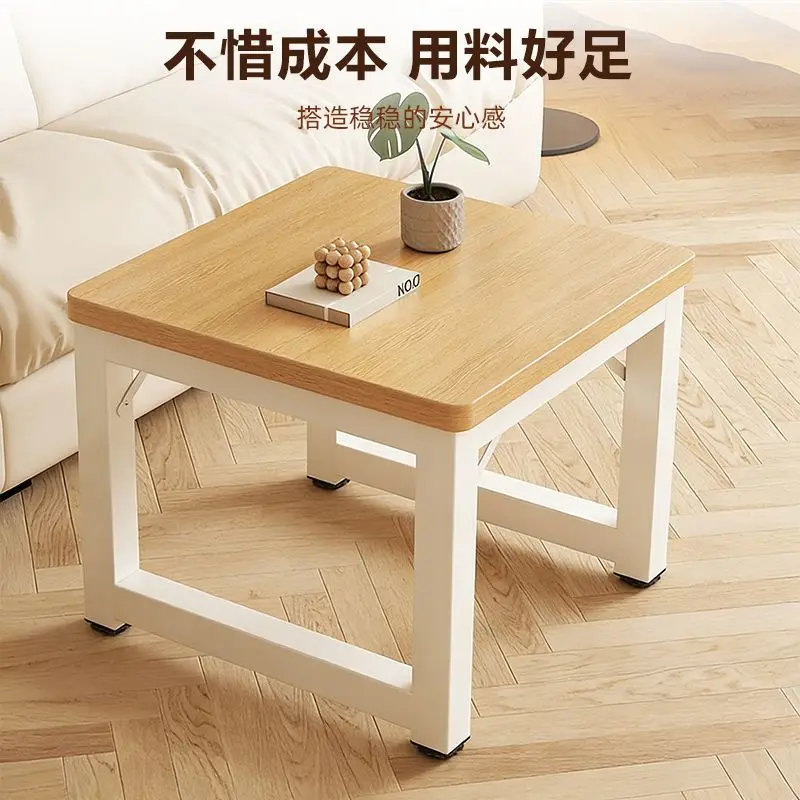 Sofa Table Square Oak Wood Grain Desktop Sturdy White Metal Frame Small Living Room Side End Table For Home Apartment