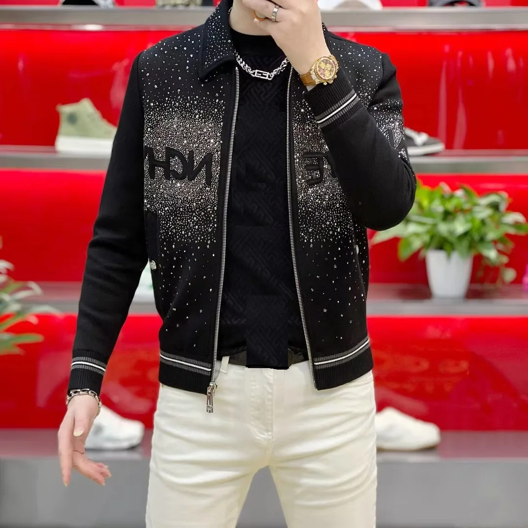 

New Autumn Winter Y2K Hot Diamond Men's Jackets Harajuku Trendy Coats Men's Clothing Fashion Printed Male Clothes Black Outwears