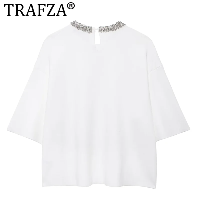 TRAFZA Women\'s Crew Neck Long Sleeves Pullovers Sweater 2024 Summer Fashion Casual Solid Elegant Slim Knitted Tops Female