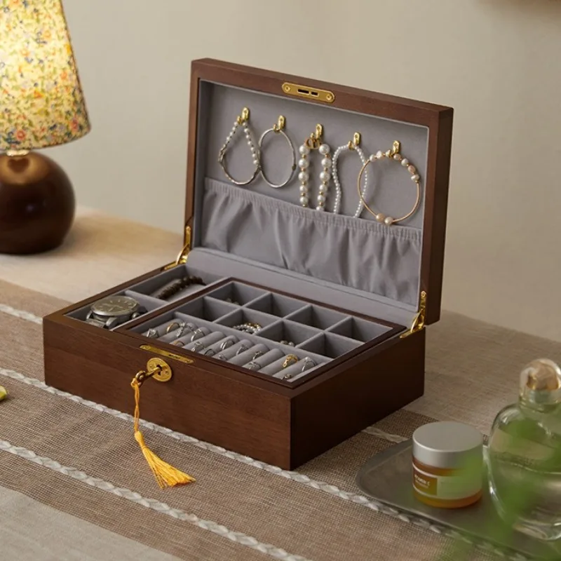 

Wooden Jewelry Box Luxury Ring Necklaces Earrings Storage Boxes Locked Watch Bracelet Display Case Woman Jewellery Organizer