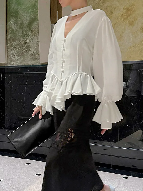 Palatial Blouse Romantic Ruffled Sleeve Shirt Sophisticated Luxurious Charming Top Feminine Gracefully Billowy Blouse