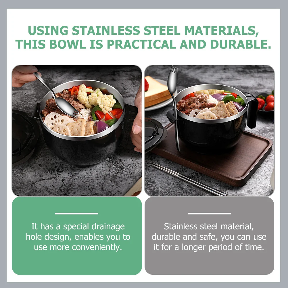 

1 комплект, миска для супа из нержавеющей стали с крышкой, противоожоговая ручная миска для еды с посудой, 1200 мл для лапши, рисового салата