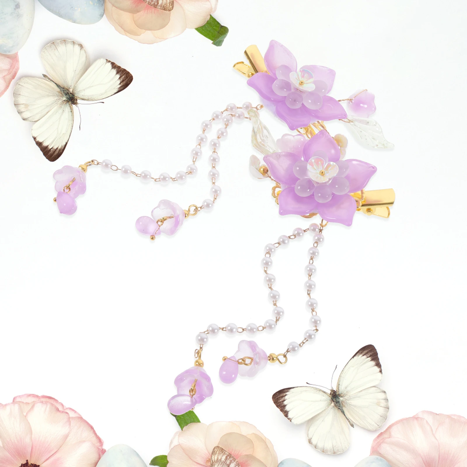

2pcs Exquisite Flower Pattern Hairpins Fake Pearl Tassel Hair Clips For Girls Women Party Kids Clothing Decorations Chinese