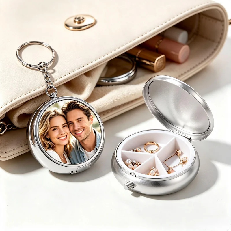 Personalised photo round jewellery box keychain, portable compartment for earrings and rings, a keepsake gift for women