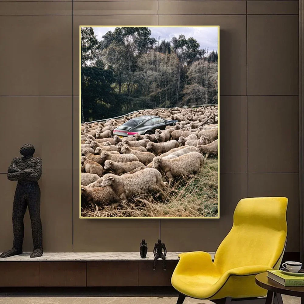 1pc  frameless Canvas Painting Black Sheep in Flock Wall Art Poster Black Pigeon in Pigeon Flock Canvas Art Prints Car in Flock