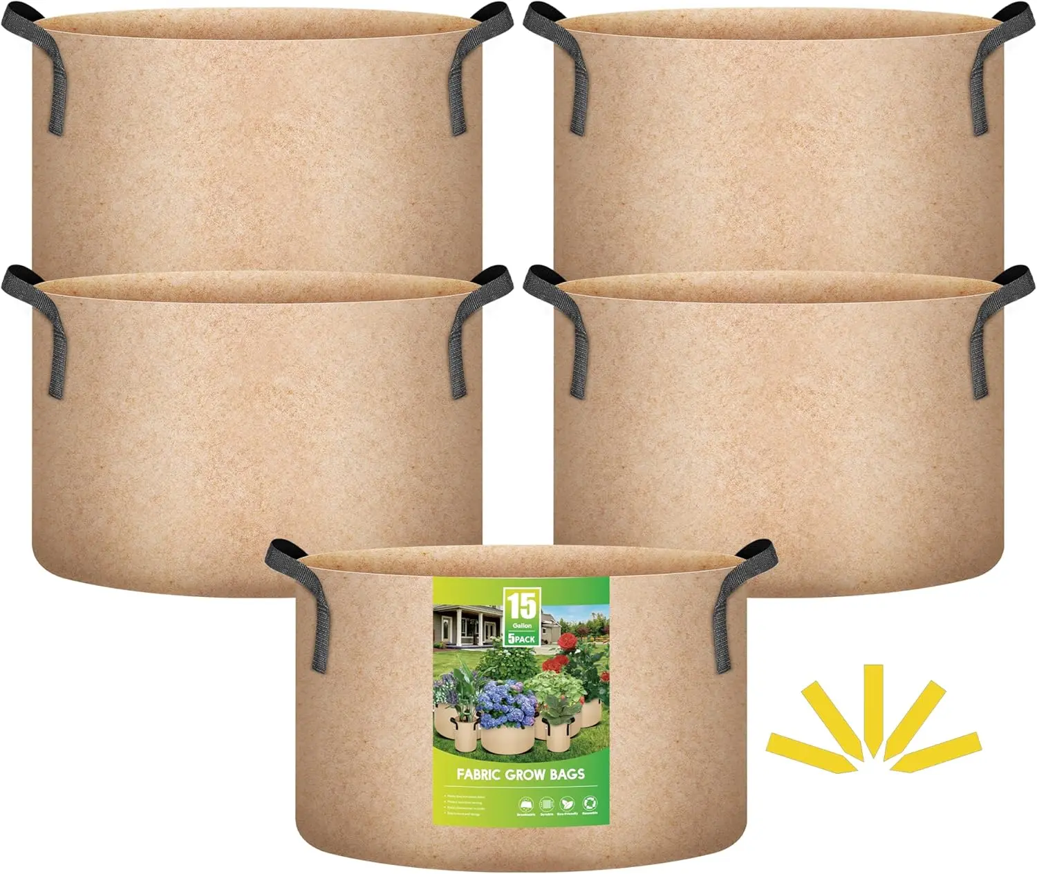 

Набор из 5 утолщенных аэрационных мешков для выращивания растений из нетканого материала, 15 галлонов, с ручками-ремнями, для сада, цвет бежевый