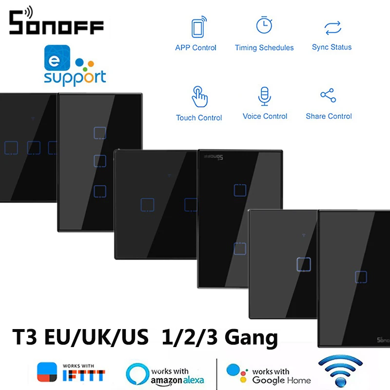 SONOFF T3 EU UK US WiFi Switch 1 2 3 Gang Wall Switch EWeLink Ccontrol funziona con Alexa Google Assistant Smart Home