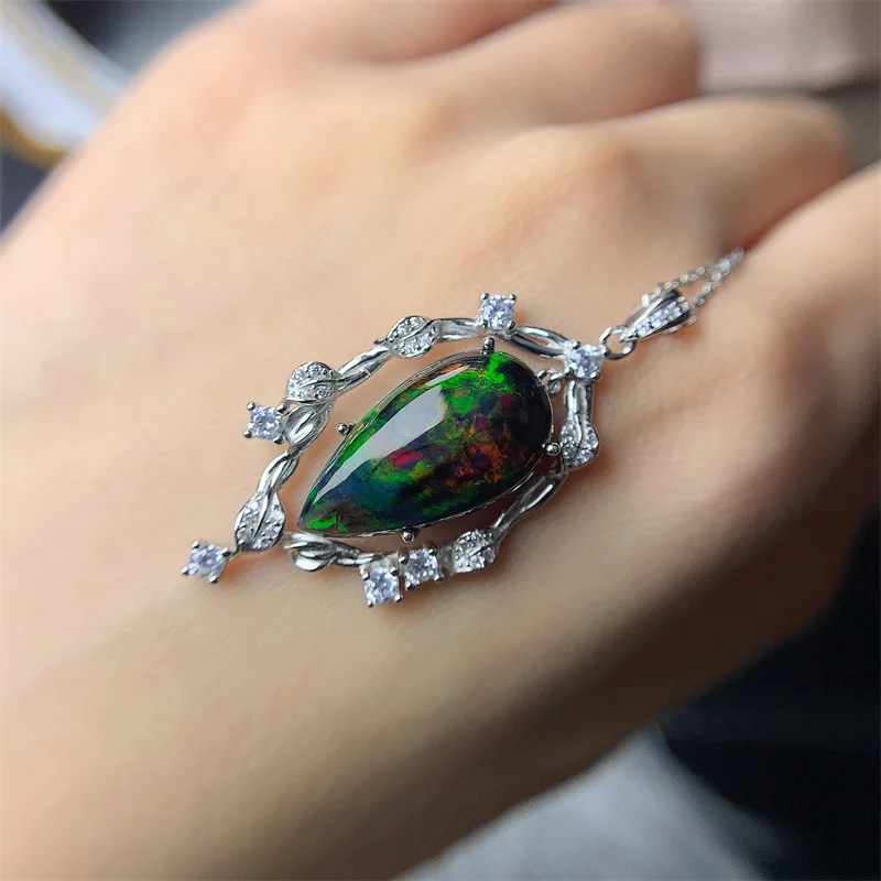 Natural Black Opal 5.95ct Pendant Large Grain  Luxury Classic Fashion Trend S925 Pure Silver Full for Women Fire Color for Women