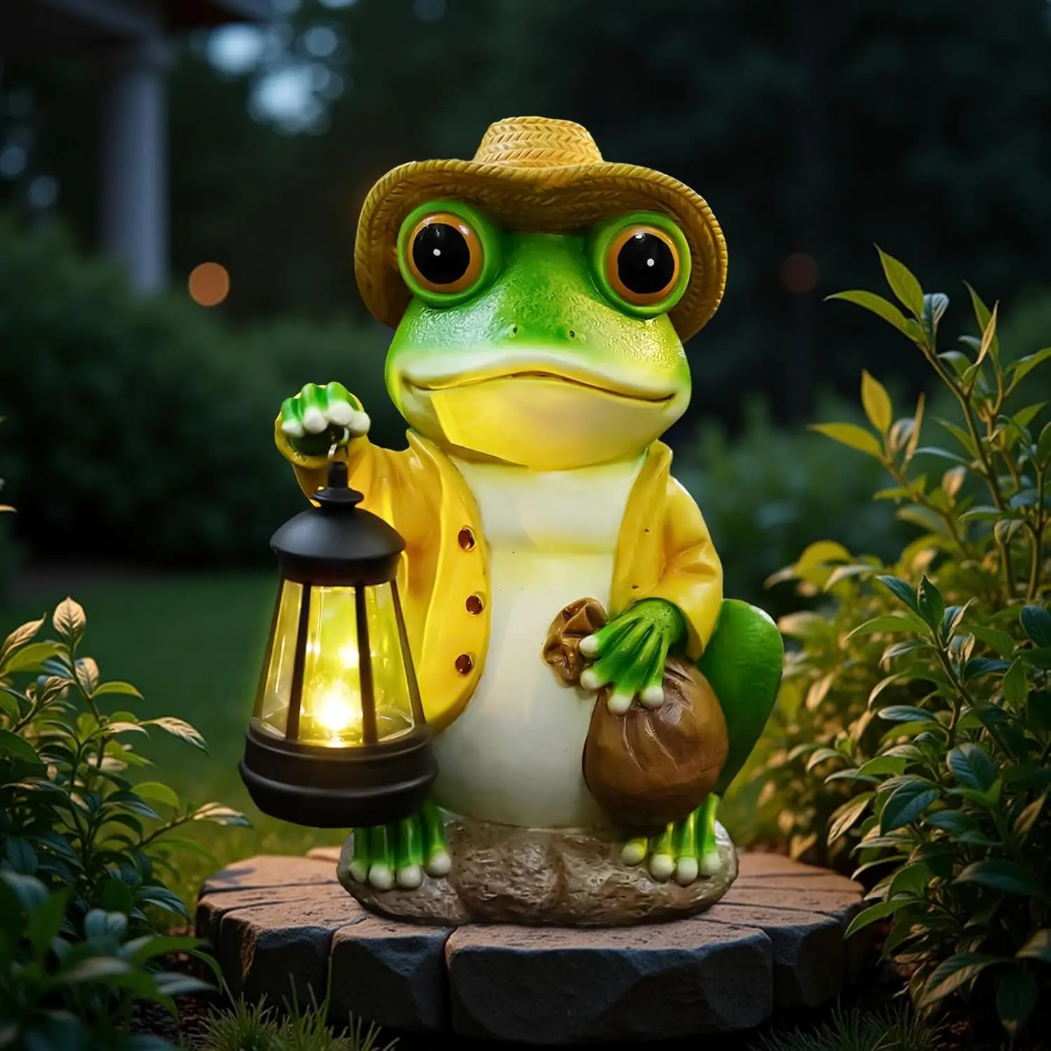 

Solar Garden Outdoor Frog Statue 10 inches Tall - with Handheld Lanterns - Detachable - Patio, Balcony, Shelf, Tabletop, Lawn De