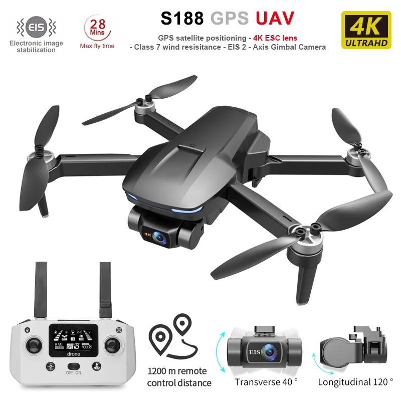 S188 Iniciante-Nível de dois eixos Gimbal Drone, 4K HD Aeronaves Fotografia Aérea, GPS Brushless Helicóptero de Controle Remoto