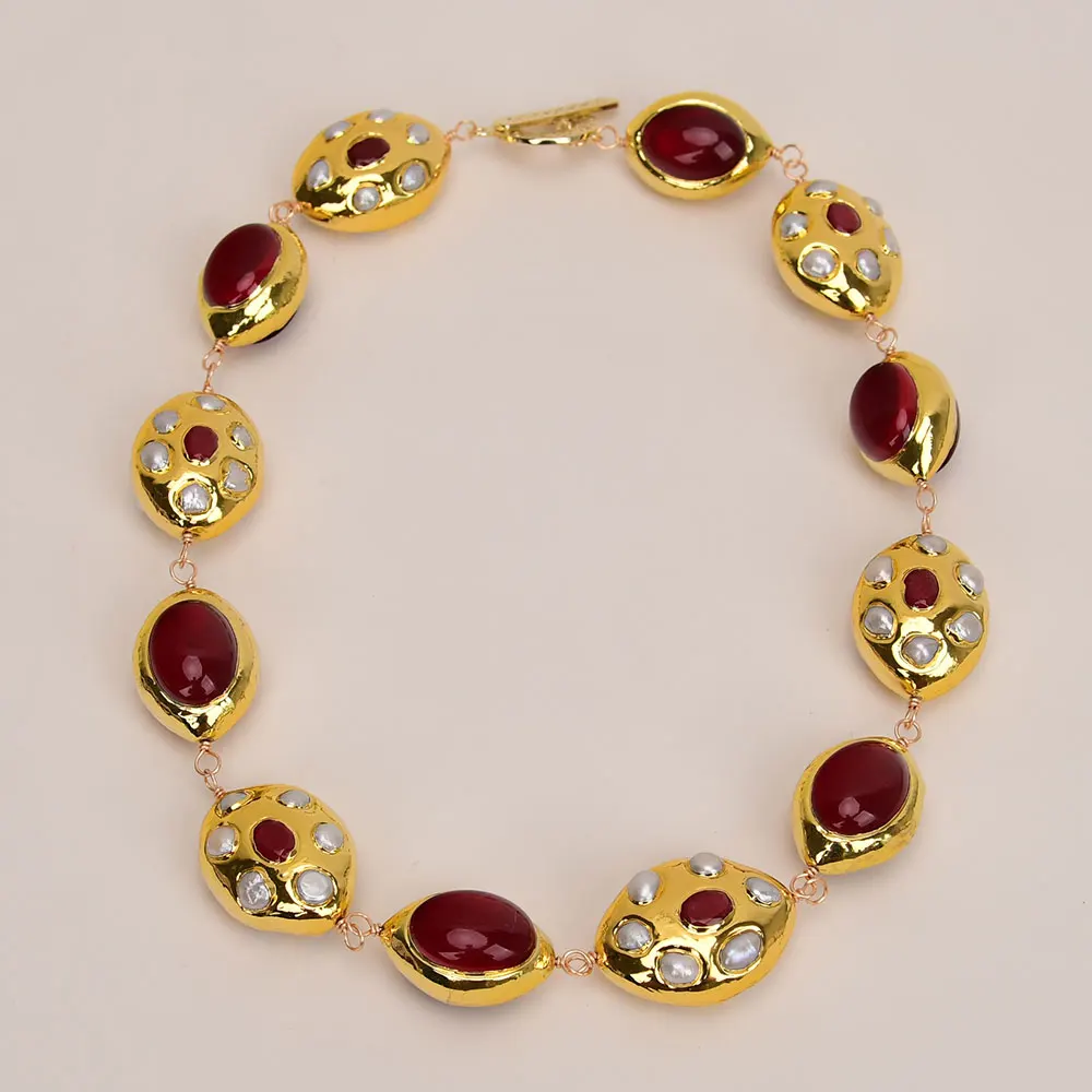 

G-G Natural White Keshi Pearl Jade Red Agate Oval Shape Beads Necklace Handmade For Lady