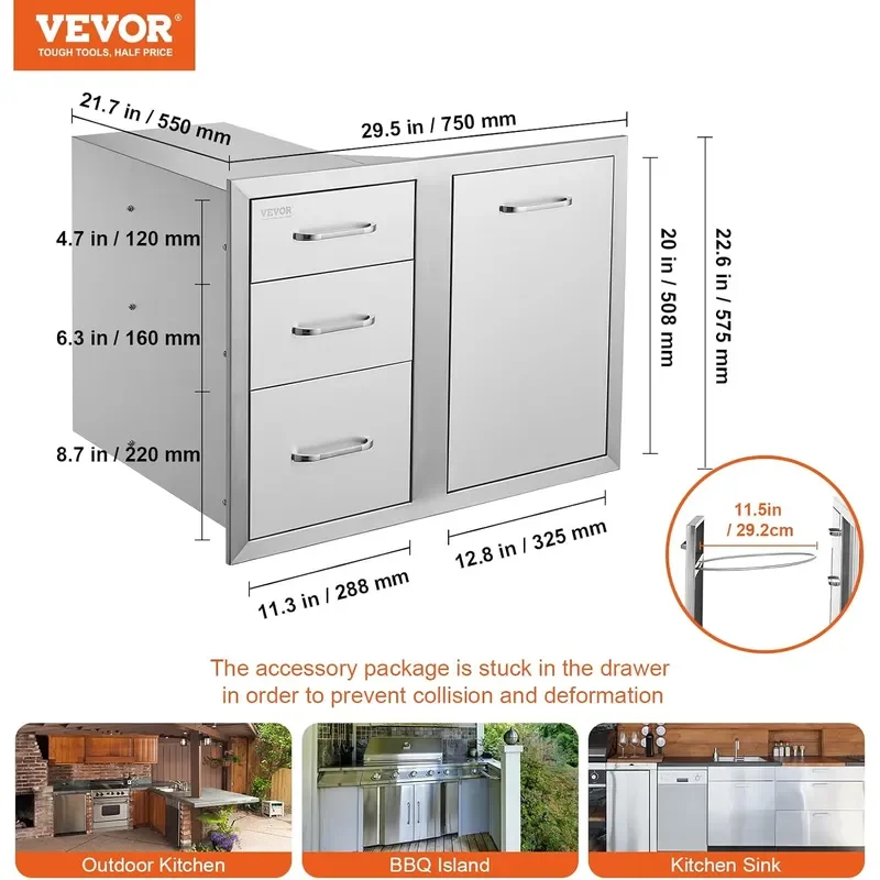 Outdoor Kitchen Drawers 29.5W x 22.6H x 21.7D Stainless Steel