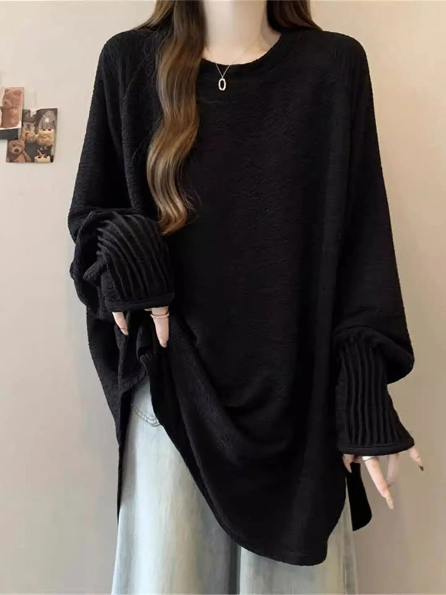 

Bla Versatile Long Sve T-irt plus Size Women's Loose Fitting Super Slimming Mid-Length Casual Sle Ladies Top