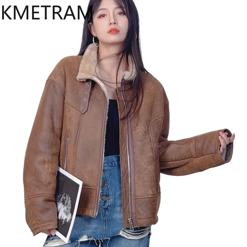 Двусторонняя меховая куртка из натуральной мериносовой овчины, женская ретро коричневая мотоциклетная шуба из натурального меха, зимняя женская одежда 2025 шуба