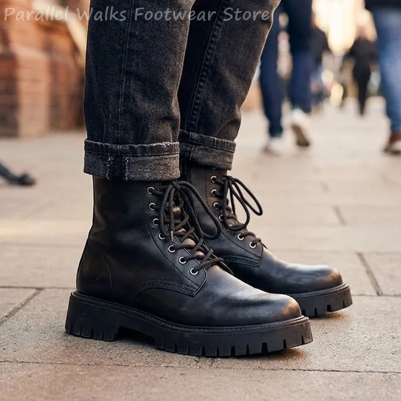 Men Winter Combat Boots Warm Plush Fur Lined Chunky Platform Ankle Footwear Side Zipper Punk Motorcycle Tactical Shoes for Fall