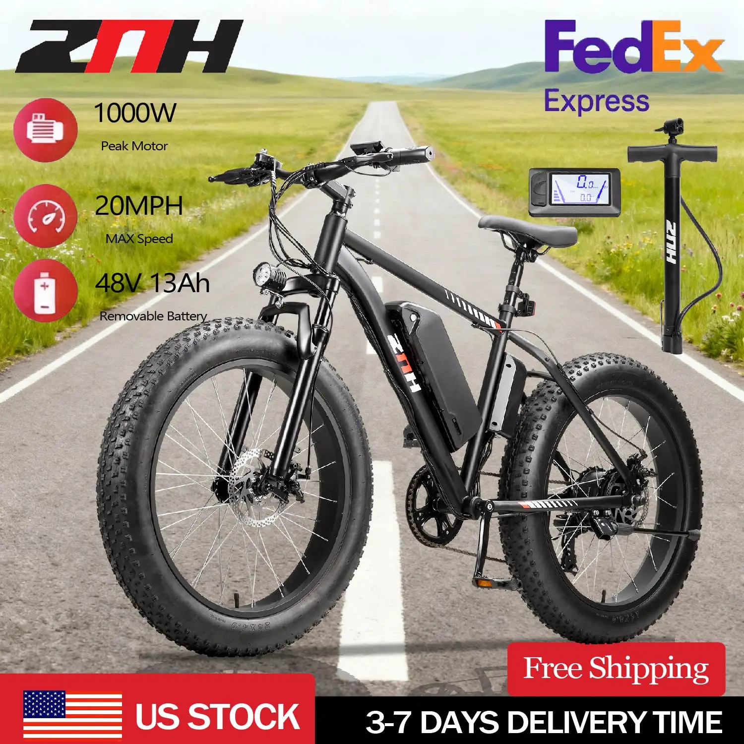 دراجة كهربائية بمحرك 1000 وات، بطارية قابلة للإزالة 48 فولت 13 أمبير في الساعة، 26 ميجا في الساعة، دراجة كهربائية 50 ميلًا، دراجة ثلجية بإطارات سميكة مقاس 24*4 بوصة