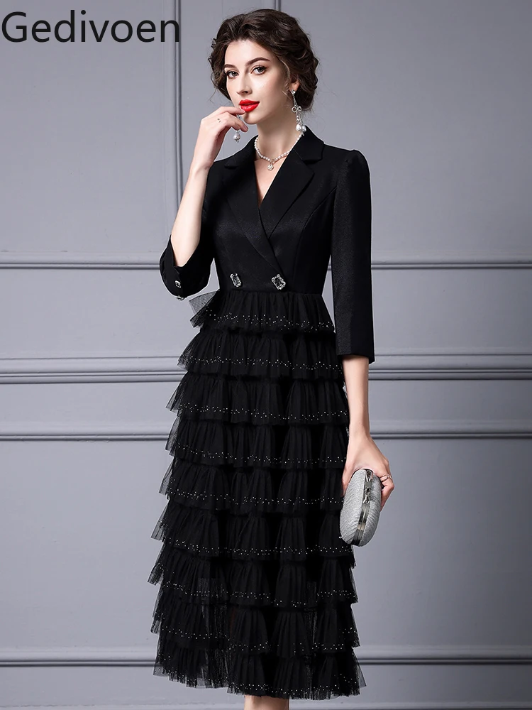 Gedivoen Summer Fashion Runway New Designer Office Lady Pleats Dress Tailored Collar Black Temperament High Waisted A-line Dress