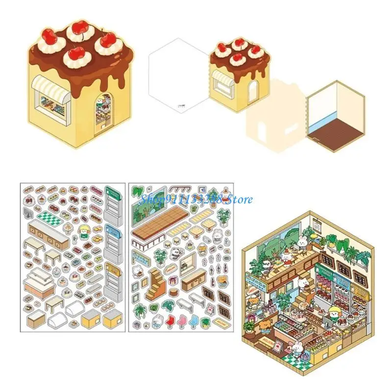 G88D Cartoon Baking Shop Landscape Sticker 2.5D Scene Sticker Diy Adegan Buat Stiker