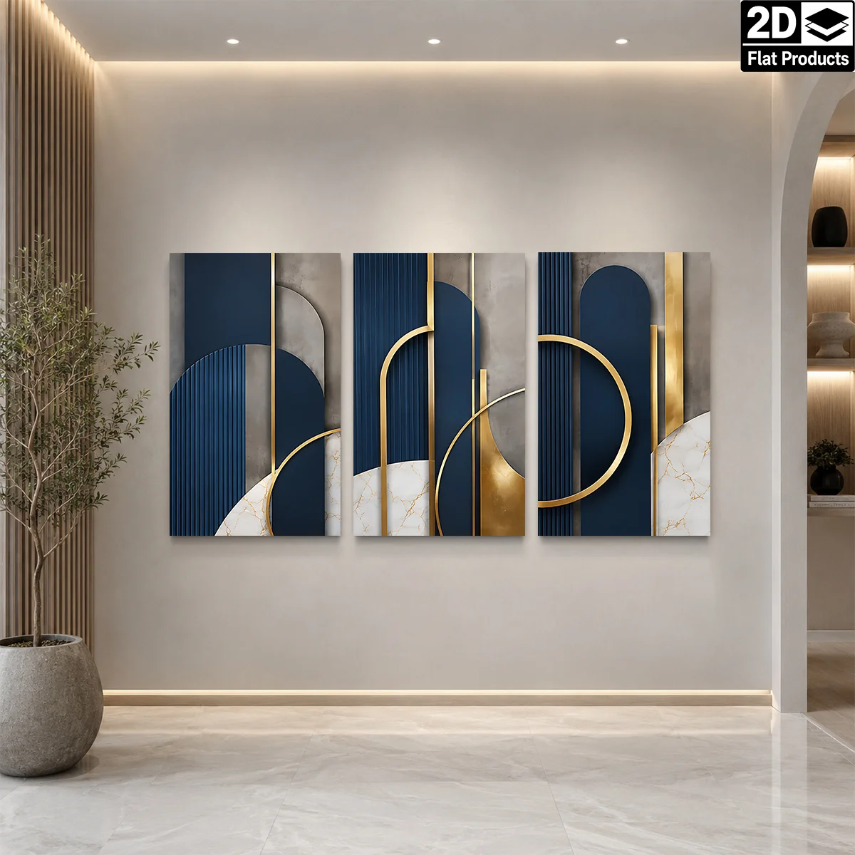 Frameless canvas 2D Flat 3PCS - Three panels with geometric shapes in blue gold gray and marble patterns Themed Canvas Wall A