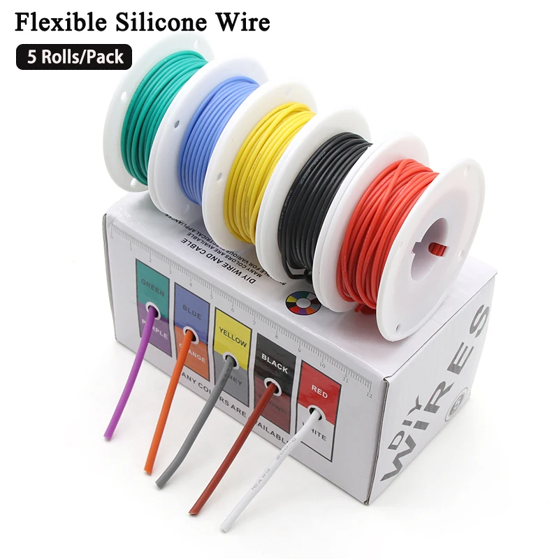 

Heat Resistant Flexible Silicone Wire 30/28/26/24/22/20/18/16AWG （5 Colors Mix Kit）Stranded Cable Electrical Tinned Copper Wire