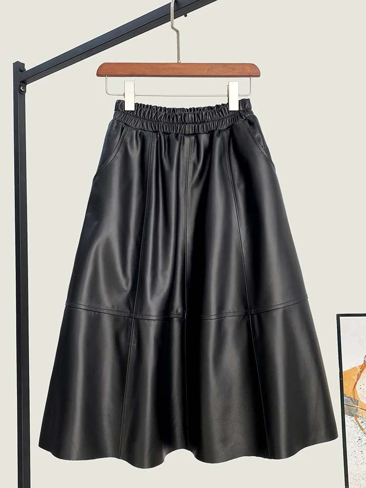 Spring New High Quality Genuine Real Leather Skirt Women's Fashion All-Matching Long Loose Large Swing