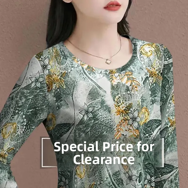 Slimming Long Sleeve T-Shirt Women's Base Shirt Inner Wear Shoulder Width Regular Floral Print Korean Style Commute Fashion
